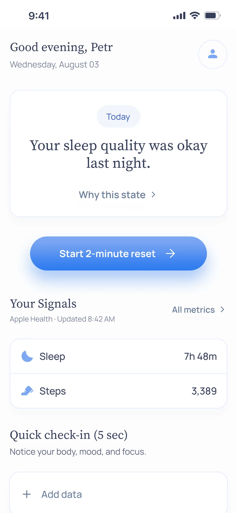 Elys home screen with daily state and signals