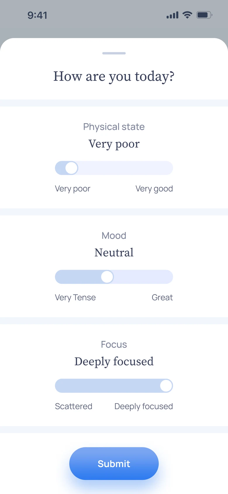 Elys daily check-in — physical state, mood and focus