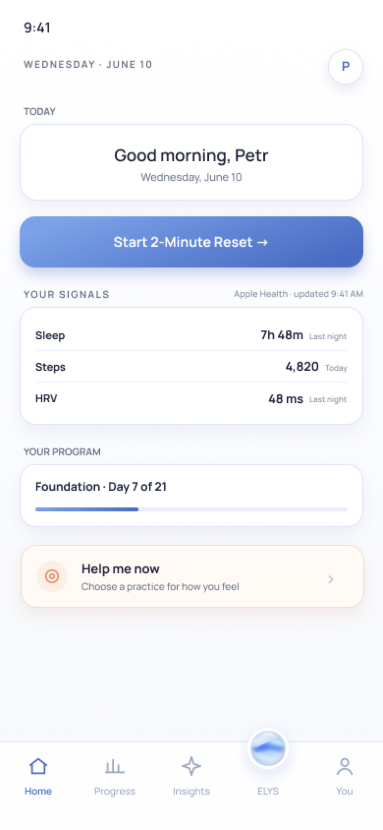 Elys home screen with daily state and signals
